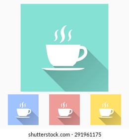 Coffee cup - icon is white with long shadow, flat design. Vector illustration.