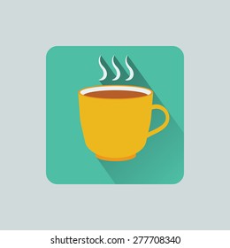 Coffee cup icon. Yellow cup.Vector illustration flat design with long shadow