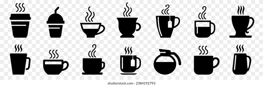 Coffee cup icons in black on a transparent background. Set of different tea cup icons. Simple coffee or tea signs. Black hot drinks icons