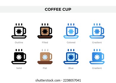 Coffee cup icons in different style. Coffee cup icons set. Holiday symbol. Different style icons set. Vector illustration