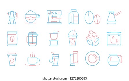 Coffee cup icons. Hot drinks tea and coffee espresso cup and mug pot cake food vector linear symbols