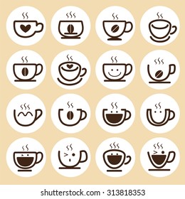 Coffee cup icons hot coffee set, vector illustration
