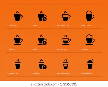 Coffee cup icons on orange. Vector illustration.