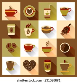 Coffee cup icons set with cafe mugs hot drink morning beverage isolated vector illustration