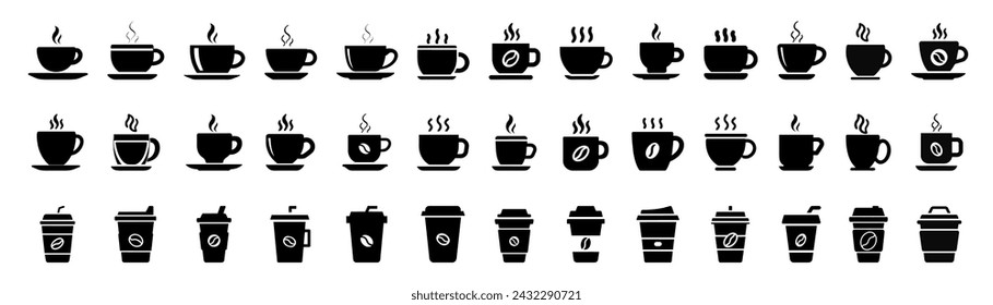 Coffee cup icons set. Cups of coffee tea collection. Cup coffe with steam.