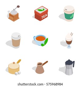 Coffee cup icons set. Isometric 3d illustration of 9 coffee cup vector icons logo isolated on white background