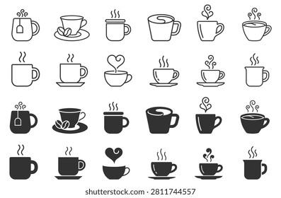coffee cup icons set in line and solid styles for beverages and cafe on transparent background