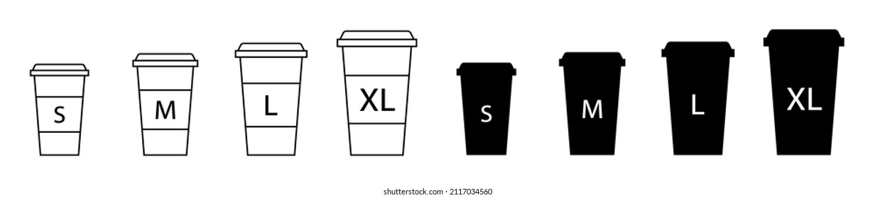 Coffee cup icons of small, large, medium size. Vector flat paper cup for drink, take, takeaway. Americano plastic coffe for business and takeout. Tall different, beverage mugs, sizes.Cafe illustration