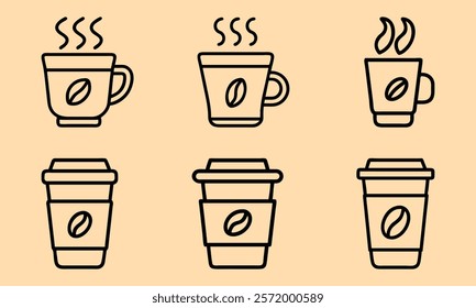 Coffee cup icons with steam and lids, A collection of coffee cup outline icons featuring steam, bean logos, and takeaway lids on a beige background, perfect for cafes. 