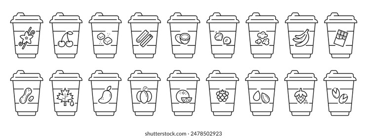 Coffee cup icons with various coffee syrup tastes, coffee to-go paper mugs with vanilla, coconut, salted caramel and hazelnut flavors, collection of black and white linear icons isolated