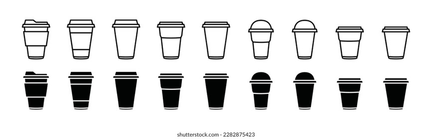 Coffee cup icons vector set in line and flat style. Disposable coffee cup. Coffee paper cup, plastic container for hot and cold drink, juice, tea, cocoa and other. Vector illustration