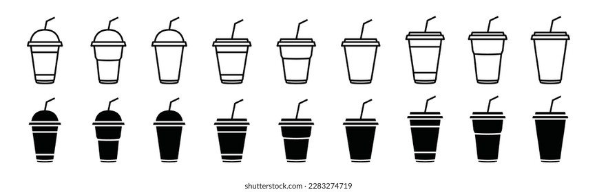 Iconos vectoriales de copa de café establecidos en línea y estilo plano. Café desechable con paja. Taza de papel para café, recipiente de plástico para bebidas calientes y frías, jugo, té, cacao y otros. Ilustración del vector