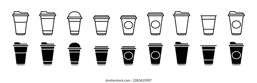 Iconos vectoriales de copa de café establecidos en línea y estilo plano. Café desechable. Taza de papel para café, recipiente de plástico para bebidas calientes y frías, jugo, té, cacao y otros. Ilustración del vector