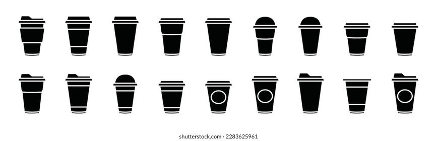 Coffee cup icons vector set in flat style. Disposable coffee cup. Coffee paper cup, plastic container for hot and cold drink, juice, tea, cocoa and other. Vector illustration