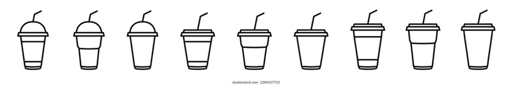 Iconos vectoriales de copa de café establecidos en estilo de línea. Café desechable con paja. Taza de papel para café, recipiente de plástico para bebidas calientes y frías, jugo, té, cacao y otros. Ilustración del vector