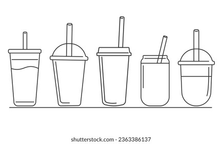 Coffee cup icons vector set in line and flat style. Disposable coffee cup. Coffee paper cup, plastic container for hot and cold drinks. Vector