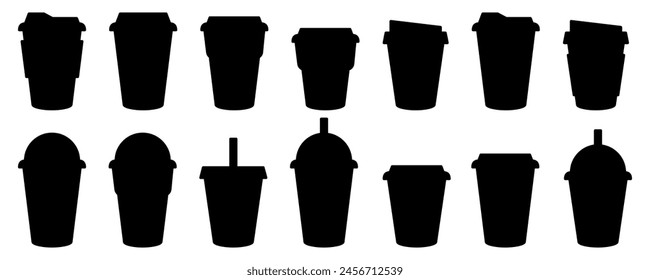 Coffee cup icons vector set in line and flat style. Disposable coffee cup. Coffee paper cup, plastic container for hot and cold drink, juice, tea, cocoa and other. Vector illustration