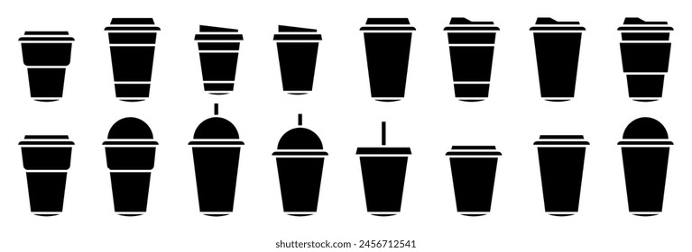 Coffee cup icons vector set in line and flat style. Disposable coffee cup. Coffee paper cup, plastic container for hot and cold drink, juice, tea, cocoa and other. Vector illustration
