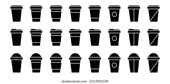 Coffee cup icons vector set in flat silhouette style. Coffee paper cup, plastic container for hot and cold drink, juice, tea, cocoa and other.