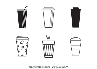 Vector de iconos de taza de café en línea y estilo plano. Taza de café desechable. Taza de papel de café, envase plástico para la bebida caliente y fría, el jugo, el té, el cacao y otros. Ilustración vectorial