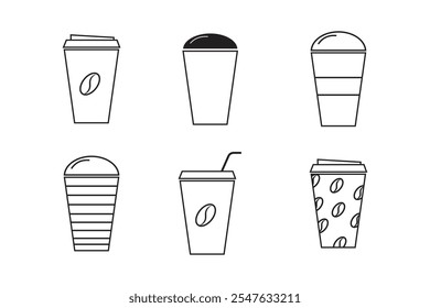 Vector de iconos de taza de café en línea y estilo plano. Taza de café desechable. Taza de papel de café, envase plástico para la bebida caliente y fría, el jugo, el té, el cacao y otros. Ilustración vectorial