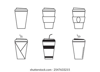 Coffee cup icons vector set in line and flat style. Disposable coffee cup. Coffee paper cup, plastic container for hot and cold drink, juice, tea, cocoa and other. Vector illustration