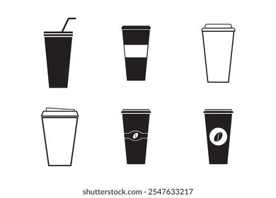 Vector de iconos de taza de café en línea y estilo plano. Taza de café desechable. Taza de papel de café, envase plástico para la bebida caliente y fría, el jugo, el té, el cacao y otros. Ilustración vectorial