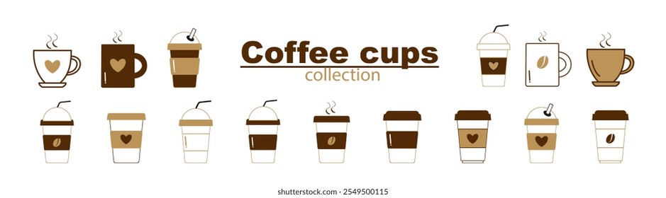 Coffee cup icons vector set in line and flat style. Cappuccino, flat white, espresso, americano vector illustrations set