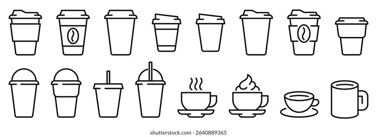 Coffee cup icons vector set in line and flat style. Disposable coffee cup. Coffee paper cup, plastic container for hot and cold drink, juice, tea, cocoa and other. Vector illustration