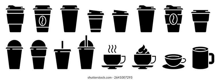 Coffee cup icons vector set in line and flat style. Disposable coffee cup. Coffee paper cup, plastic container for hot and cold drink, juice, tea, cocoa and other. Vector illustration