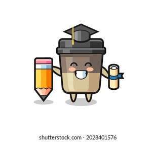 coffee cup illustration cartoon is graduation with a giant pencil , cute style design for t shirt, sticker, logo element