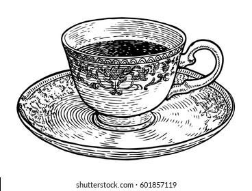 Coffee cup illustration, drawing, engraving, ink, line art, vector