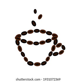 Coffee cup illustration made from roasted coffee beans. Cute design for coffee logo.