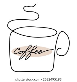Coffee cup illustration. Minimal line art. Black vector with beige text. Steam swirl detail.