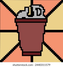 Coffee cup illustration with pixel art style background. The vector is suitable to use for coffee drink sign and drink pixel art poster.