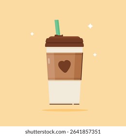 Coffee cup illustration with straw isolated. Plastic coffee cup with hot coffee in flat style