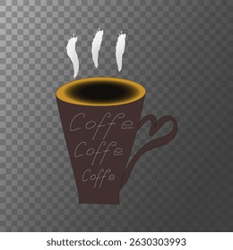 Coffee cup illustration. Coffee coffee text. Steaming brown mug. Vector beverage symbol.
