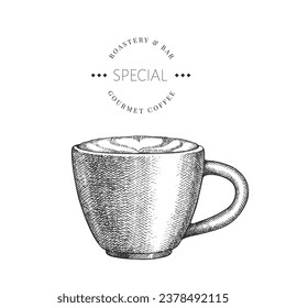 Coffee Cup Illustration. Vector Hand Drawn Isolated Cappuccino Mug. Vintage Style Beverage 