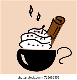 Coffee cup illustration with whipped cream and cinnamon stick
