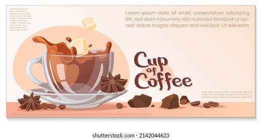 Coffee cup with inscription "Cup of coffee", and beans of coffee, star anise and chocolate around. Banner for Coffee shop, barista, drink concept. Vector illustration for poster, flyer, menu, landing