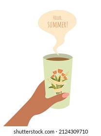 Coffee cup with inscription Hello Summer, girl hand holding coffee, bouquet of flowers in doodle style, isolated, white background. Vector illustration