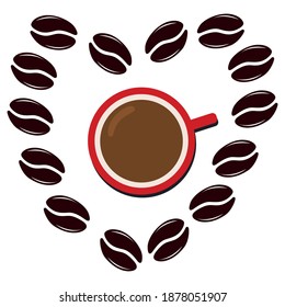 taza de café dentro de un corazón hecho de granos de café sobre un fondo blanco