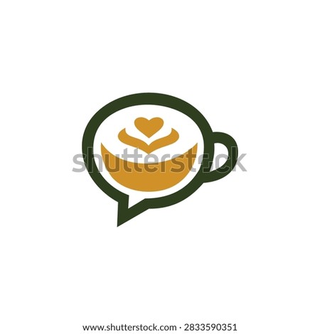Coffee cup inside a speech bubble with latte heart art, combining cafe, conversation, hospitality, social connection, coffee chat, and friendly customer service.