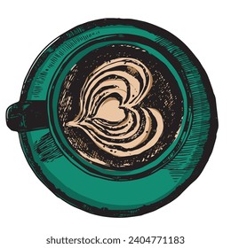 Coffee cup isolated. Colorful vector realistic image of caffeine hot drink in cup. Top view engraving style cute coffee beverage.