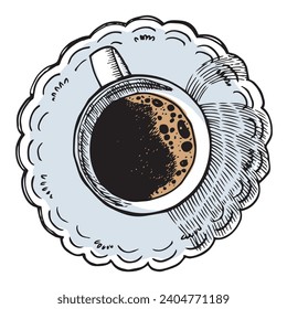 Coffee cup isolated. Colorful vector realistic image of caffeine hot drink in cup. Top view engraving style cute coffee beverage.