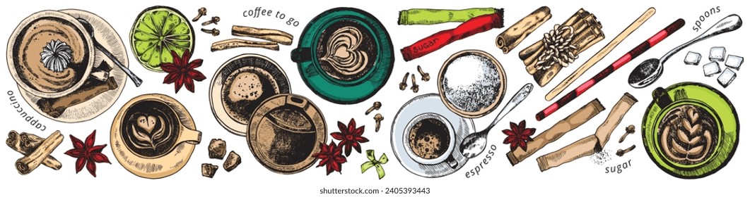 Coffee cup isolated. Colorful vector realistic set of different caffeine hot drinks in mug, glass, cup. Top view engraving style cute coffee beverages with spoons, sugar sticks and spices.