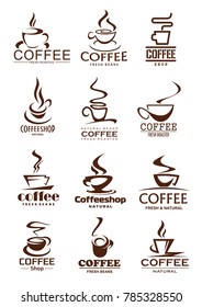 Coffee cup isolated icons of coffee shop and cafe. Coffee cup and mug with cappuccino or americano, espresso and latte hot drink icons, decorated with steam for beverage and drink design