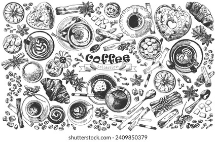 Coffee cup isolated. Monochromatic vector realistic set of caffeine hot drinks in mug, glass, cup. Top view engraving style cute coffee beverages with spoons, sugar sticks, spices, pastries, flowers.