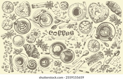 Coffee cup isolated. Monochromatic vector realistic set of caffeine hot drinks in mug, glass, cup. Top view engraving style cute coffee beverages with spoons, sugar sticks, spices, pastries, flowers.