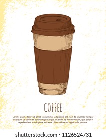 Coffee cup isolated on bright background banner of brown container for hot beverages, special cardboard stripe for comfortable keeping, top with hole